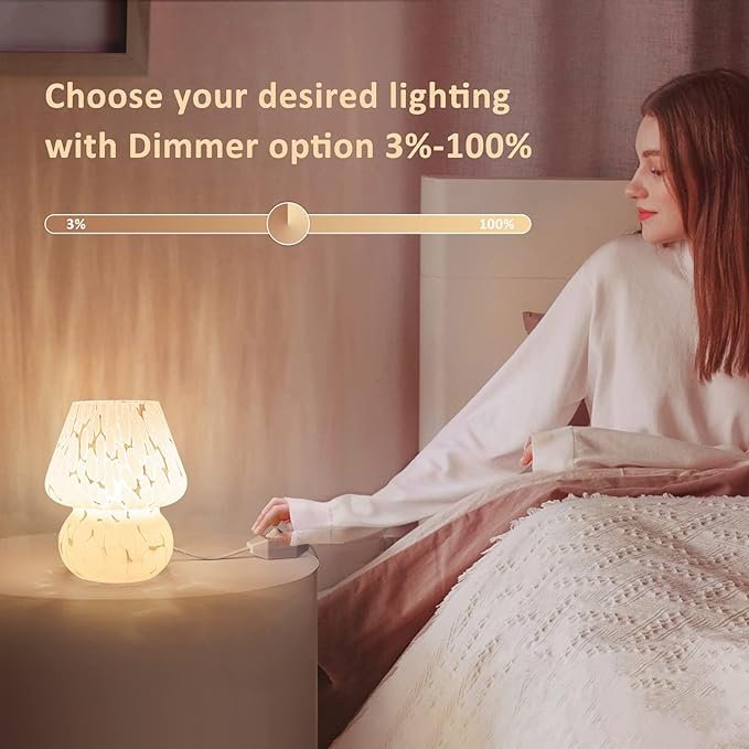 Cute Mushroom Lamp Small Bedside Table Lamp Set of 2 Stepless Dimmable, Translucent Glass White Nightstand Lamp for Bedroom Dorm Kids Room Living Kitchen, Murano Aesthetic Home Decor Gift - LeafyLoom
