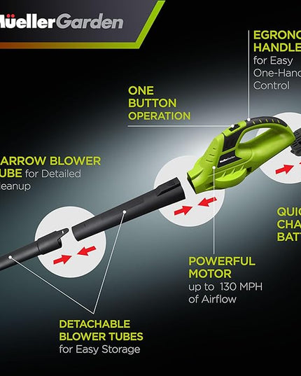 Mueller UltraStorm Cordless Leaf Blower, 140 MPH 20 V Powerful Motor, Electric Leaf Blower for Lawn Care, Battery Powered Leaf Blower for Snow Blowing High Capacity Battery & Charger Green - LeafyLoom
