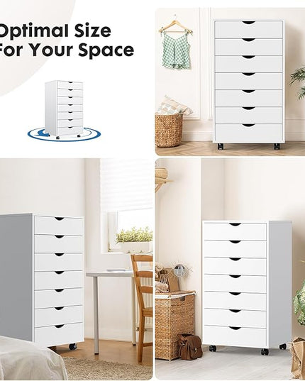 OLIXIS 7 Drawer Chest Wood File Cabinet Rolling Organization Storage Dresser with Wheels for Home Office, 15.75" D x 18.74" W x 34.25" H, White - LeafyLoom