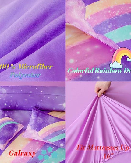Purple Rainbow Girls Full Size Comforter Set, 6 Pieces Gradient Glitter Kids Bedding Sets, Galaxy Kids Bedroom Decor Bed in A Bag with Sheets for Girls Teens - LeafyLoom
