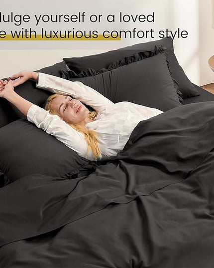 Queen Bed in a Bag 7 Pieces Comforter Set Queen, Ruffle Bedding Comforter Set Black Bed Set with Comforter, Pillowcases, Flat Sheet, Fitted Sheet and Pillow Shams - LeafyLoom