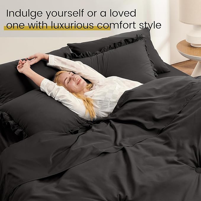 Queen Bed in a Bag 7 Pieces Comforter Set Queen, Ruffle Bedding Comforter Set Black Bed Set with Comforter, Pillowcases, Flat Sheet, Fitted Sheet and Pillow Shams - LeafyLoom