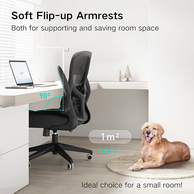 Hbada Office Chair Ergonomic Desk Chair, Office Chairs with PU Silent Wheels, Breathable Mesh Computer Chair with Adjustable Lumbar Support, Flip-up Armrests, Tilt Function, Black - LeafyLoom