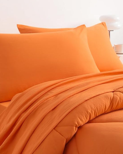 NTBAY Twin Comforter Set with Sheets, 5 Pieces Soft and Breathable Twin Bedding Set, Twin Bed in a Bag, Down Alternative Comforter Set Solid Color All Season, Kids Bedding Set, Orange - LeafyLoom