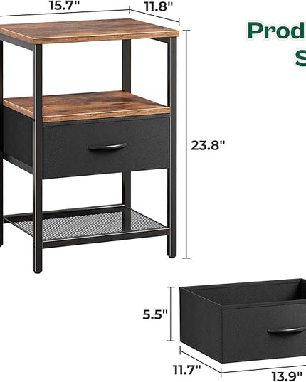 Night Stand with Fabric Drawer, Side Table with Mesh Shelf, Bedroom Nightstand, Fabric Drawer Dresser, Open Shelf, Metal Frame, Couch Side, Rustic Brown and Black - LeafyLoom