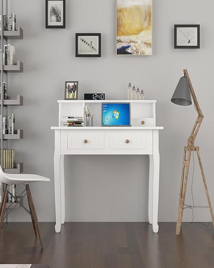 DMAITH Writing Desk with Hutch, 32 Inch Home Office Desk with Drawers, Study Table Computer Desk for Student, Makeup Dressing Table for Bedroom - LeafyLoom