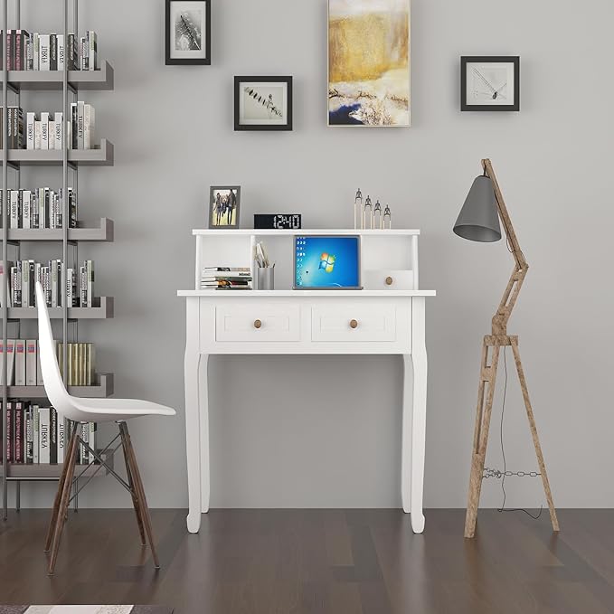 DMAITH Writing Desk with Hutch, 32 Inch Home Office Desk with Drawers, Study Table Computer Desk for Student, Makeup Dressing Table for Bedroom - LeafyLoom