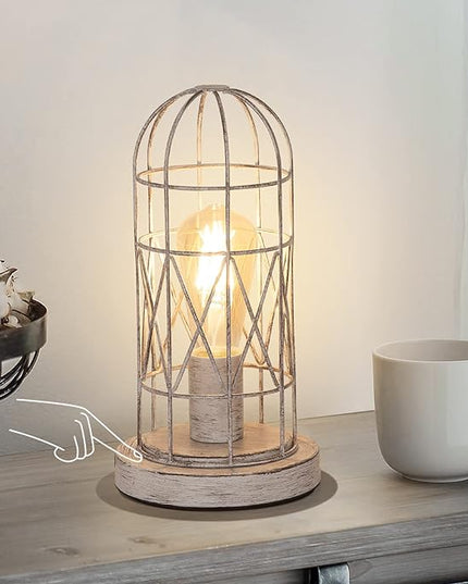 Small Table Lamp, Touch Control Table Lamp with Brushed White Oak Cage, Farmhouse Bedside Lamp 3-way Dimmable Nightstand Lamp Edison Lamp for Bedroom, Living Room, Hallway, Kitchen, LED Bulb Included - LeafyLoom
