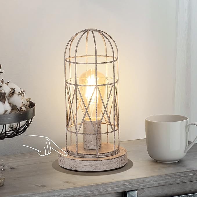 Small Table Lamp, Touch Control Table Lamp with Brushed White Oak Cage, Farmhouse Bedside Lamp 3-way Dimmable Nightstand Lamp Edison Lamp for Bedroom, Living Room, Hallway, Kitchen, LED Bulb Included - LeafyLoom