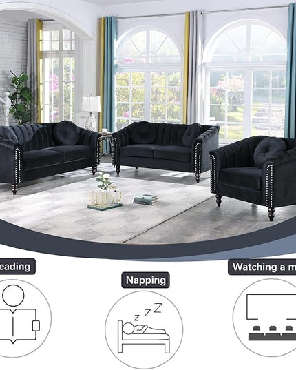 Velvet Modern Living Room Couch 3 Piece with Scroll Arms and Nailhead, includes 2 Love-seat Chair & Armchair, Sofa and Loveseat Set Black - LeafyLoom