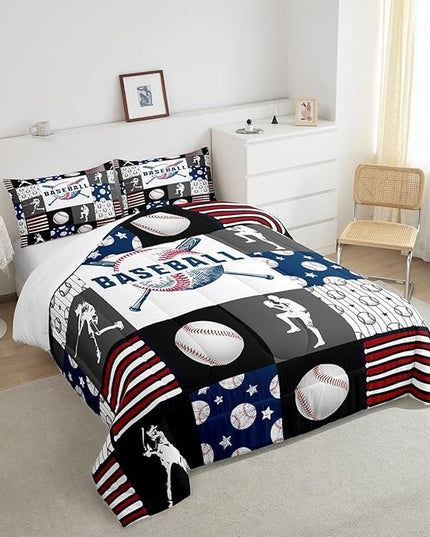 Teen Boy Sports Baseball Twin Bedding Set,Kids Baseball Athlete Comforter Set,Grunge Hippie Tie Dye Ball Bed Comforter Sets Room Decor Patchwork Pattern 1 Pillow Case（Red Blue Black White Grey） - LeafyLoom