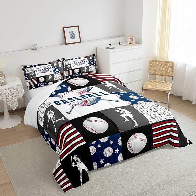 Teen Boy Sports Baseball Twin Bedding Set,Kids Baseball Athlete Comforter Set,Grunge Hippie Tie Dye Ball Bed Comforter Sets Room Decor Patchwork Pattern 1 Pillow Case（Red Blue Black White Grey） - LeafyLoom