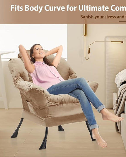Lazy Chair Thick Padded, Accent Chair Velvet Upholstered with Wide Seat, Stable Metal Frame and Non-Slip Pad, Modern Sofa Armchair with Side Storage Bag for Dorm, Room, Office, Khaki - LeafyLoom
