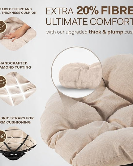 Bme 40" Ergonomic Wicker Papasan Chair with Soft Thick Density Fabric Cushion, High Capacity Steel Frame, 360 Degree Swivel for Living, Bedroom, Reading Room, Lounge, Sepia Sand - Black Base - LeafyLoom