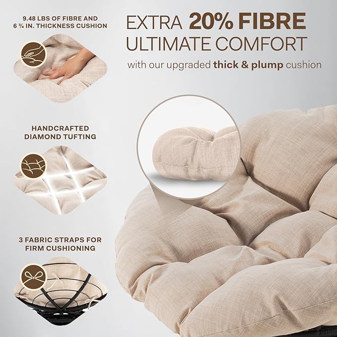Bme 40" Ergonomic Wicker Papasan Chair with Soft Thick Density Fabric Cushion, High Capacity Steel Frame, 360 Degree Swivel for Living, Bedroom, Reading Room, Lounge, Sepia Sand - Black Base - LeafyLoom