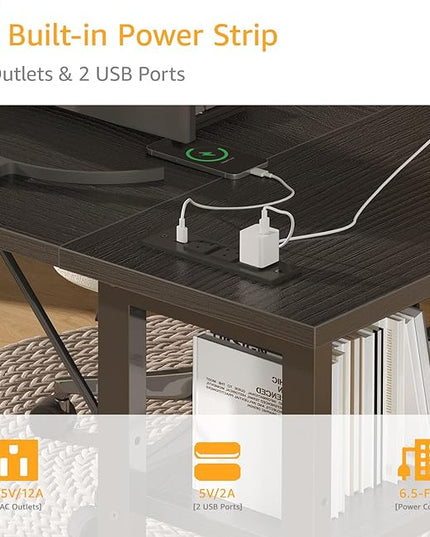 Black L Shaped Gaming Computer Desk with Power Outlet Shelves, 40 Inch Small Corner Desk for Small Space Home Office, Study Work PC Desks for Bedroom, Black - LeafyLoom