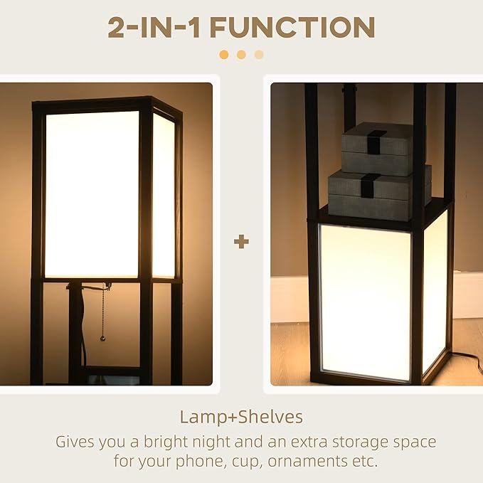 HOMCOM Modern Floor Lamp with Shelves & Dual Ambient Lighting, Tall Standing Lamp for Living Room, Bedroom with Fabric Lampshade (Bulb not Included), Black - LeafyLoom