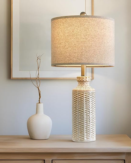24.75'' Farmhouse Cream-White Ceramic Single Table Lamp for Bedroom Living Room Vintage Traditional Rustic Modern Nightstand Bedside Lamps - LeafyLoom