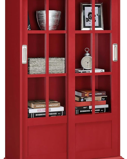 Ameriwood Home Aaron Lane Bookcase with Sliding Glass Doors, Red - LeafyLoom