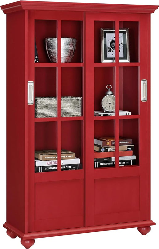 Ameriwood Home Aaron Lane Bookcase with Sliding Glass Doors, Red - LeafyLoom