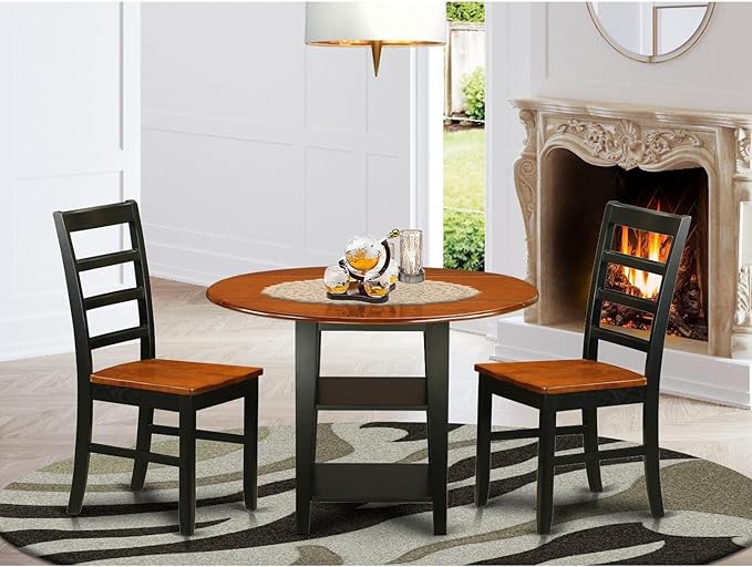 East West Furniture SUPF3-BCH-W 3 Piece Room Furniture Set Contains a Round Kitchen Table with Dropleaf & Shelves and 2 Dining Chairs, 42x42 Inch, Black & Cherry - LeafyLoom