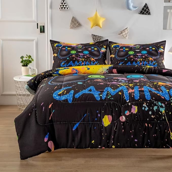 Gamer Comforter Sets for Teen Boys,Gaming Bedding Sets Full,Video Game Bedspread,Game Gamepad Bed Set,Controller Bedding Gamer Home Decor 3 Piece 1 Comforter and 2 Pillowcases - LeafyLoom