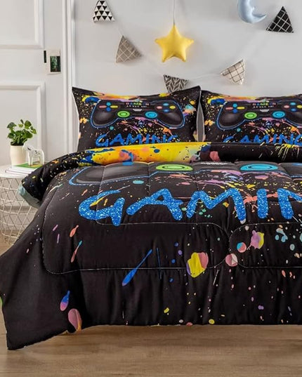 Gamer Comforter Sets for Teen Boys,Gaming Bedding Sets Twin,Video Game Bedspread,Game Gamepad Bed Set,Controller Bedding Gamer Home Decor 3 Piece 1 Comforter and 2 Pillowcases - LeafyLoom