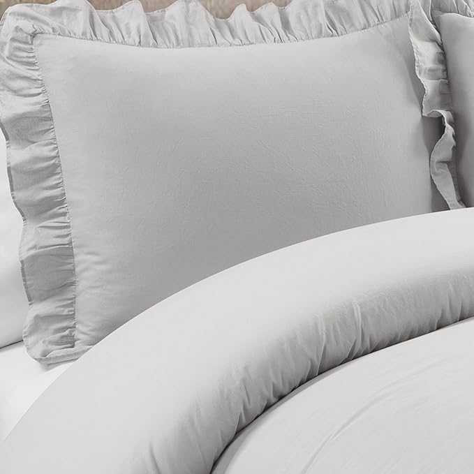 Lush Decor Reyna Ruffle 100% Cotton Duvet Cover Set - 3 Piece Cozy Ruffled Bedding Set - Timeless Elegance and Comfort - King, Light Gray - LeafyLoom