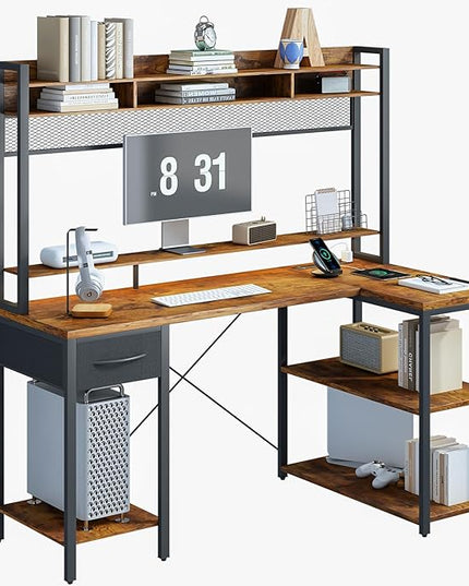 TOARTi 47" L Shaped Computer Desk with LED Lights, Gaming Corner Desk with Hutch, Computer Desk with Long Monitor Shelf for Home Office, Vintage Brown - LeafyLoom