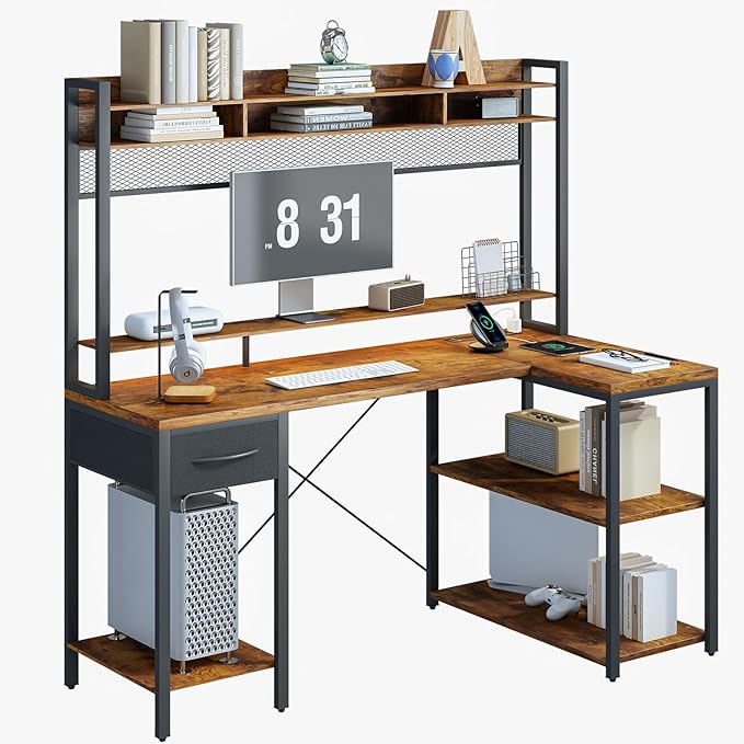 TOARTi 47" L Shaped Computer Desk with LED Lights, Gaming Corner Desk with Hutch, Computer Desk with Long Monitor Shelf for Home Office, Vintage Brown - LeafyLoom