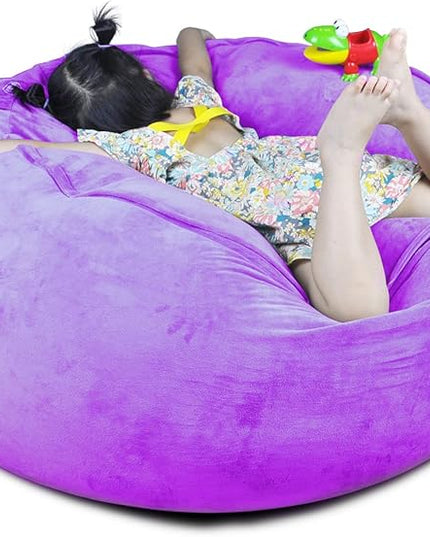 Bean Bag Chair Cover, Stuffed Animal Storage, Plush Toys Organizer Holder, Beanbag Chairs Cover for Kids Teans and Adults Super Soft and Comfortable Fabric X-Large with Handle and Zipper -Round Purple - LeafyLoom