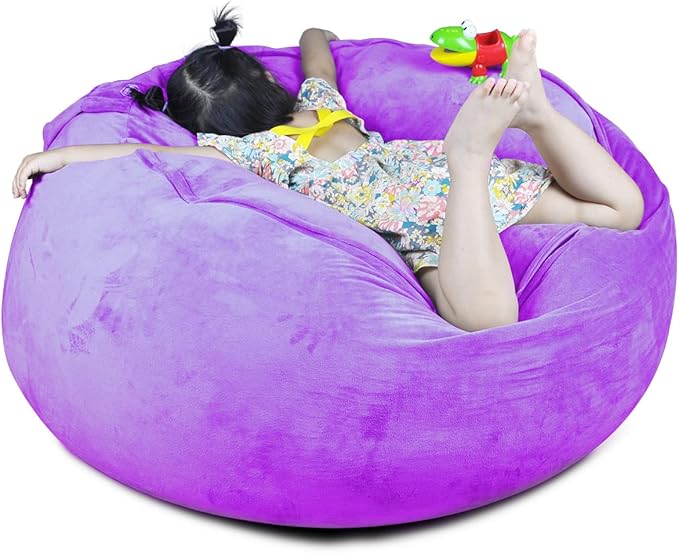 Bean Bag Chair Cover, Stuffed Animal Storage, Plush Toys Organizer Holder, Beanbag Chairs Cover for Kids Teans and Adults Super Soft and Comfortable Fabric X-Large with Handle and Zipper -Round Purple - LeafyLoom