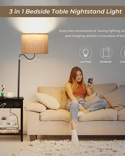 FIMEI Floor Lamp with Table, End Table with Charging Station USB Ports & Outlets, Bedside Table 3 Color Temperature Reading Light, Nightstand with Shelves for Living Room Bedroom Apartment, Black - LeafyLoom