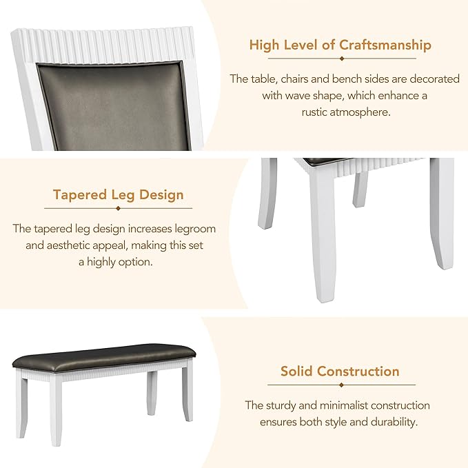 6-Piece Wood Dining Table Set with 4 Upholstered Chairs and Bench, for Kitchen Living Room, Farmhouse Rustic Style, 60" L x 36" W x 30" H, White+Gray(PU Leather) - LeafyLoom