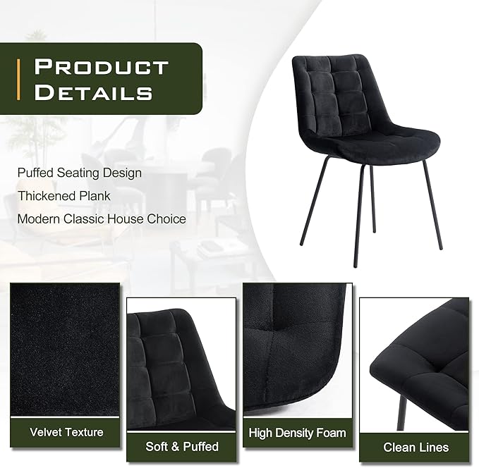 NicBex Velvet Dining Chairs, Upholstered Reception Chairs, Tufted Accent Chair with Metal Legs for Home Kitchen, Living Room, Set of 2, Black - LeafyLoom