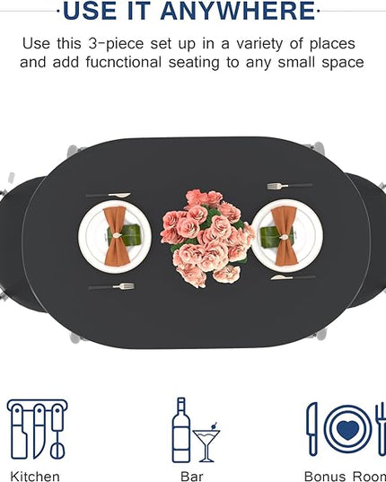 VECELO 3-Piece Dining Table Set for Kitchen Breakfast Nook, Wood Grain Oval Tabletop and Metal Frame with Built-in Wine Rack, for Small Spaces, 31.5", Black and Silver - LeafyLoom