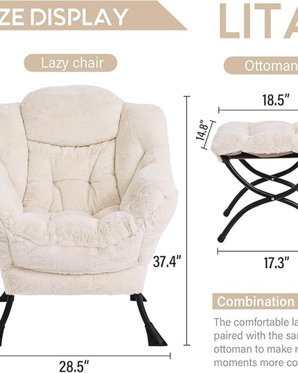 LITA Lazy Chair with Ottoman, Modern Accent Leisure Upholstered Sofa Chair, Lounge Reading Chair with Armrests and a Side Pocket for Living Room, Bedroom & Small Space, Plush Beige - LeafyLoom