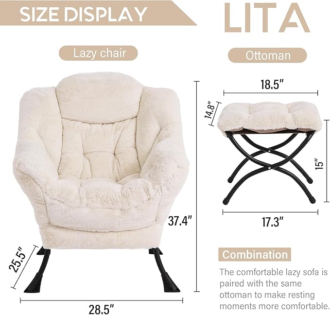 LITA Lazy Chair with Ottoman, Modern Accent Leisure Upholstered Sofa Chair, Lounge Reading Chair with Armrests and a Side Pocket for Living Room, Bedroom & Small Space, Plush Beige - LeafyLoom