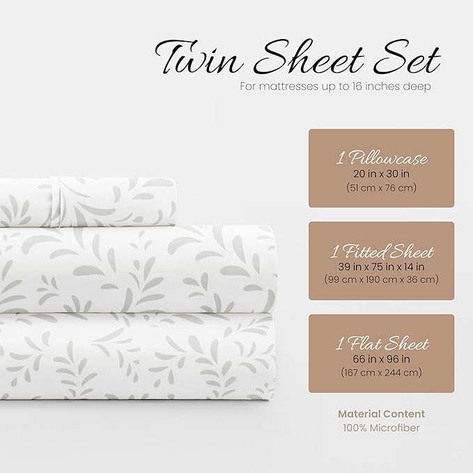 Linen Market 3 Piece Twin Bedding Sheet Set (Gray Vines) - Sleep Better Than Ever with These Ultra-Soft & Cooling Bed Sheets for Your Twin Size Bed - Deep Pocket Fits 16" Mattress - LeafyLoom