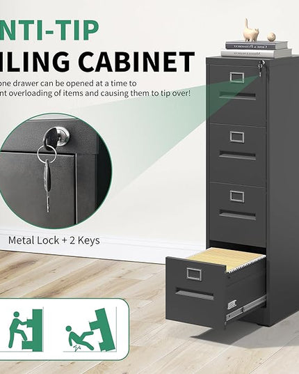 4 Drawer File Cabinet,Metal Filing Cabinets with Lock,Black Vertical File Cabinet for Home Office,Heavy Duty Metal Storage Cabinet for A4/Letter/Legal Size File,Assembly Required - LeafyLoom
