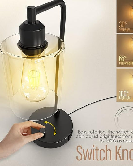 Yarra-Decor Industrial Bedside Table Lamp Set of 2 Fully Dimmable Lamps for Bedroom Modern USB Nightstand Lamp Set with Glass Shade Reading Table Lamps for Dorm, Office (LED Bulb Included) - LeafyLoom