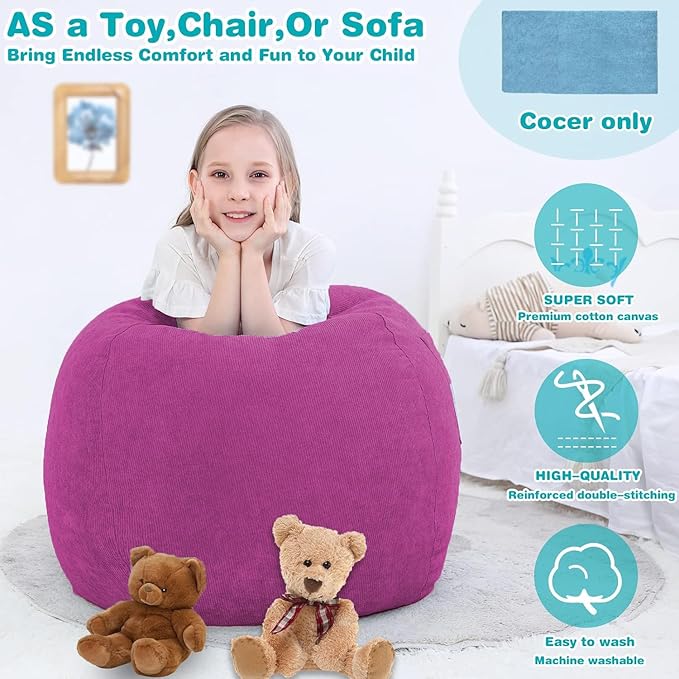 Stuffed Animal Storage Bean Bag Chair Cover (No Filler) for Kids and Adults.Soft Premium Corduroy Stuffable Beanbag for Organizing Children Plush Toys or Memory Foam Small 100L (RoseRed) - LeafyLoom