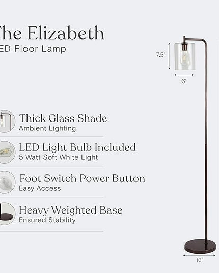 Brightech Elizabeth LED Floor lamp, Tall Lamp with Glass Shade & Edison Bulb, Industrial Lamp for Living Rooms & Offices, Vintage Standing Lamp for Bedroom in Farmhouse or Rustic Style - Bronze - LeafyLoom