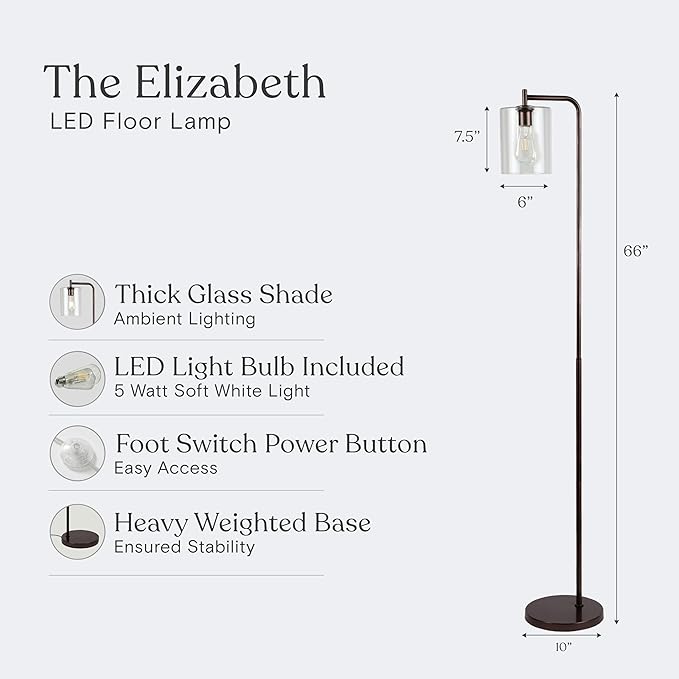 Brightech Elizabeth LED Floor lamp, Tall Lamp with Glass Shade & Edison Bulb, Industrial Lamp for Living Rooms & Offices, Vintage Standing Lamp for Bedroom in Farmhouse or Rustic Style - Bronze - LeafyLoom