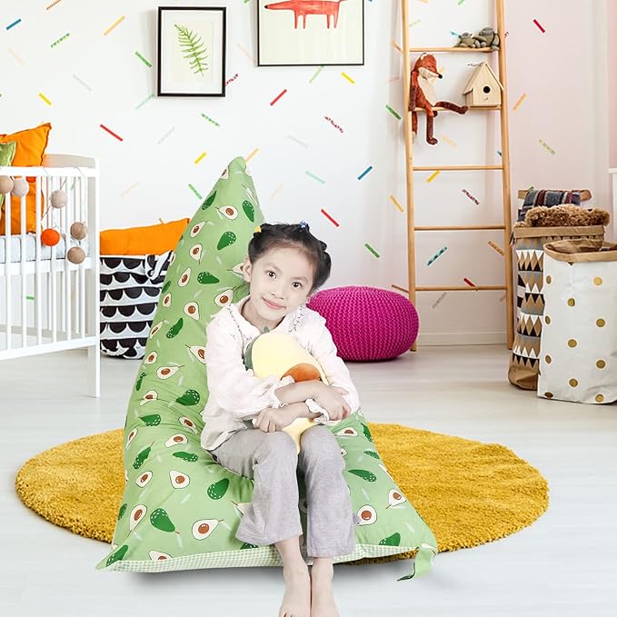 Stuffed Animal Storage Bean Bag Chair Cover, Cotton Green Avocado Plush Toy Storage Stuff and Sit Seat for Kids/Teens/Adults, 52" x 31" Extra Large Triangle Floor Sofa, 200L/52Gal, Cover Only - LeafyLoom