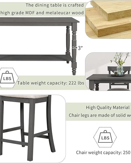 Dining Table Set for 6, 6-Piece Counter Height Kitchen Table Set with 4 Upholstered Chairs, Bench and Storage Shelf, Dining Room Table Set for Kitchen, Living Room, Grey+Beige - LeafyLoom