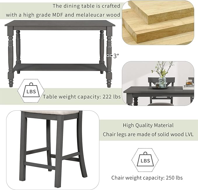 Dining Table Set for 6, 6-Piece Counter Height Kitchen Table Set with 4 Upholstered Chairs, Bench and Storage Shelf, Dining Room Table Set for Kitchen, Living Room, Grey+Beige - LeafyLoom
