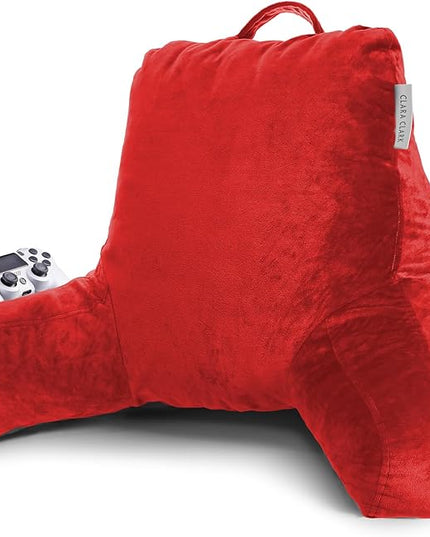 Clara Clark Reading Pillow, Standard Back Pillow for Sitting Up in Bed, Memory Foam Back Support Pillow, Reading Pillows for Sitting in Bed, Red Sit Up Pillow for Bed Chair Arm Pillow with Pockets - LeafyLoom