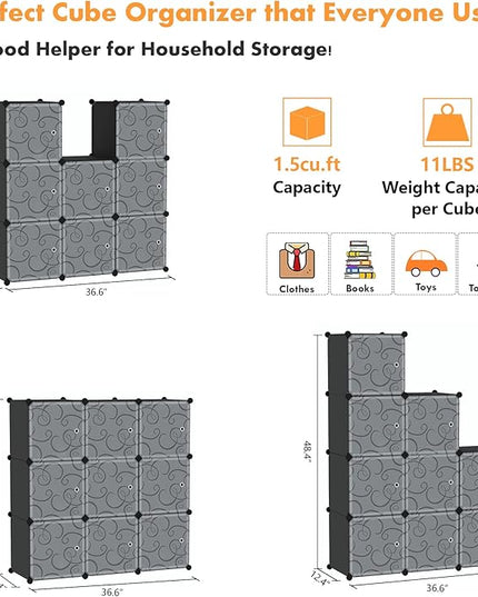 C&AHOME Cube Storage Organizer with Doors, 9-Cube Shelves, Closet Cabinet, DIY Plastic Modular Bookshelf, Storage Shelving Ideal for Bedroom, Living Room, 36.6”L x 12.4”W x 36.6”H Black USHS3009B-DOOR - LeafyLoom