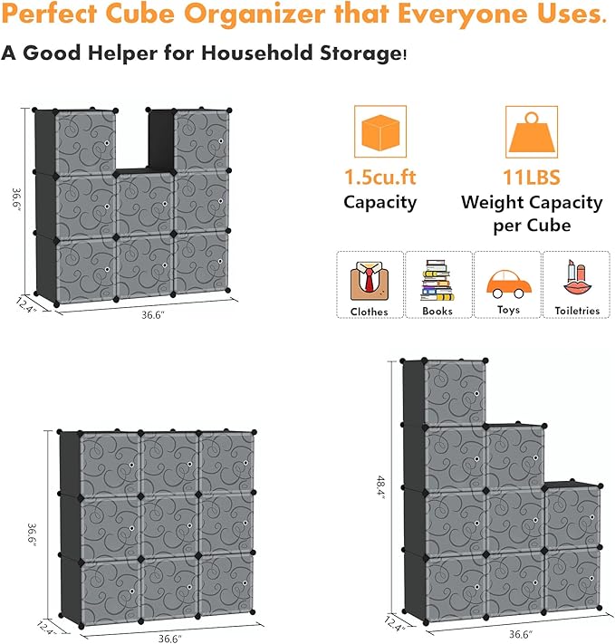 C&AHOME Cube Storage Organizer with Doors, 9-Cube Shelves, Closet Cabinet, DIY Plastic Modular Bookshelf, Storage Shelving Ideal for Bedroom, Living Room, 36.6”L x 12.4”W x 36.6”H Black USHS3009B-DOOR - LeafyLoom